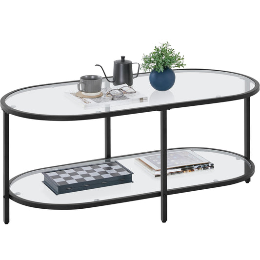 Yaheetech Glass Coffee Table, Black Small Center Table with Storage Shelf for Living Room Small Space, Apartment