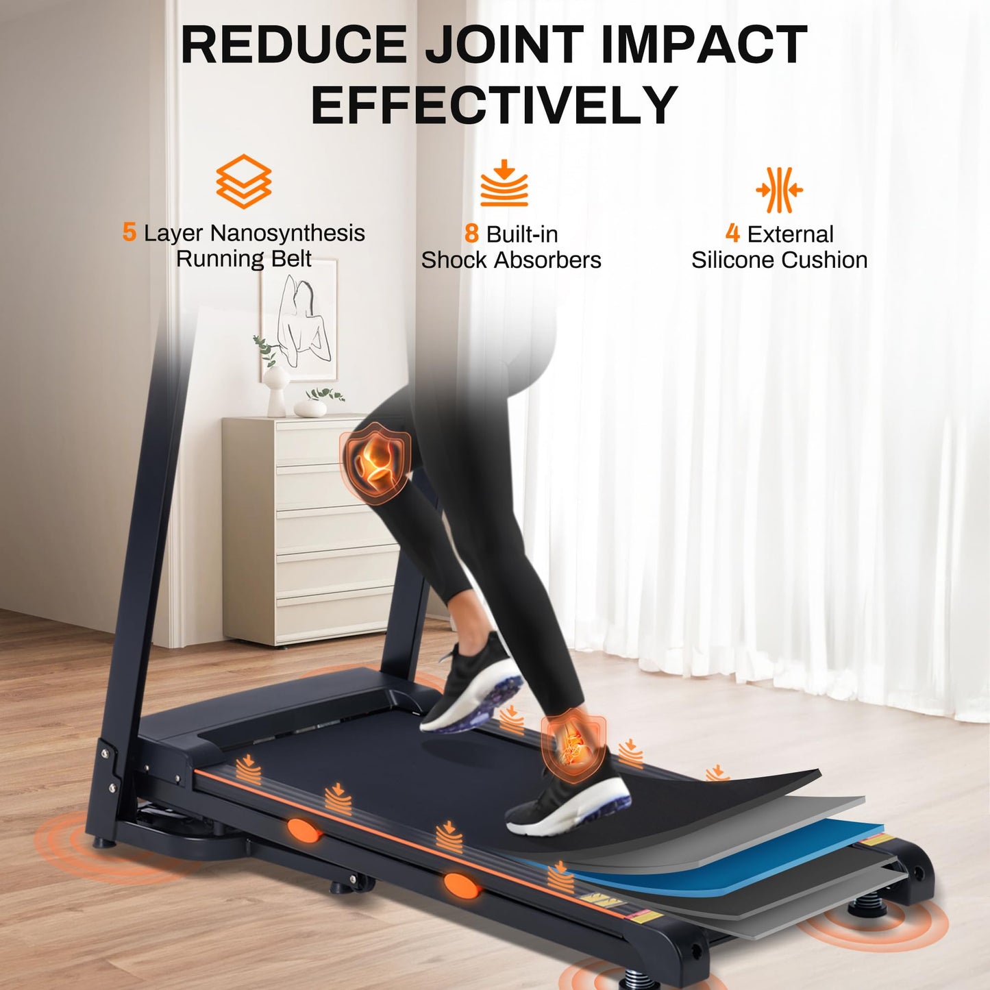 ECHANFIT 15% Auto Incline Treadmill Foldable Treadmills for Home with 18" Wider Belt, 10 MPH Speed, 300 lbs Capacity, Shock Absorption System, App Bluetooth