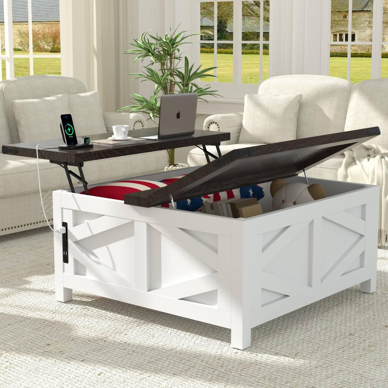 TOLEAD 36" Farmhouse Lift Top Coffee Table with Storage, Square Coffee Table with Charging Station, Living Room Center Table with Large Hidden Space, White