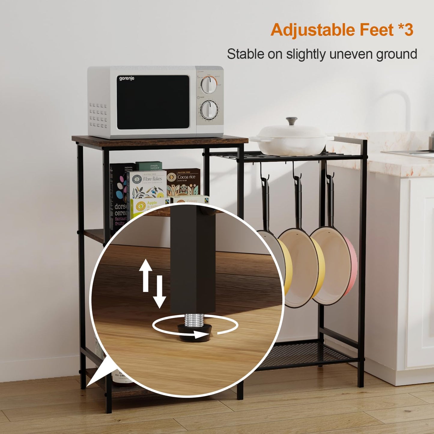 INHABIT UNION Kitchen Stand with Pots Rack Microwave Oven Stand with Storage, Small Bakers Rack Stand with 3 Hooks, Coffee Bar Table with Storage for Spices,Pots,Utensils,Pans,Foods,Rustic Brown