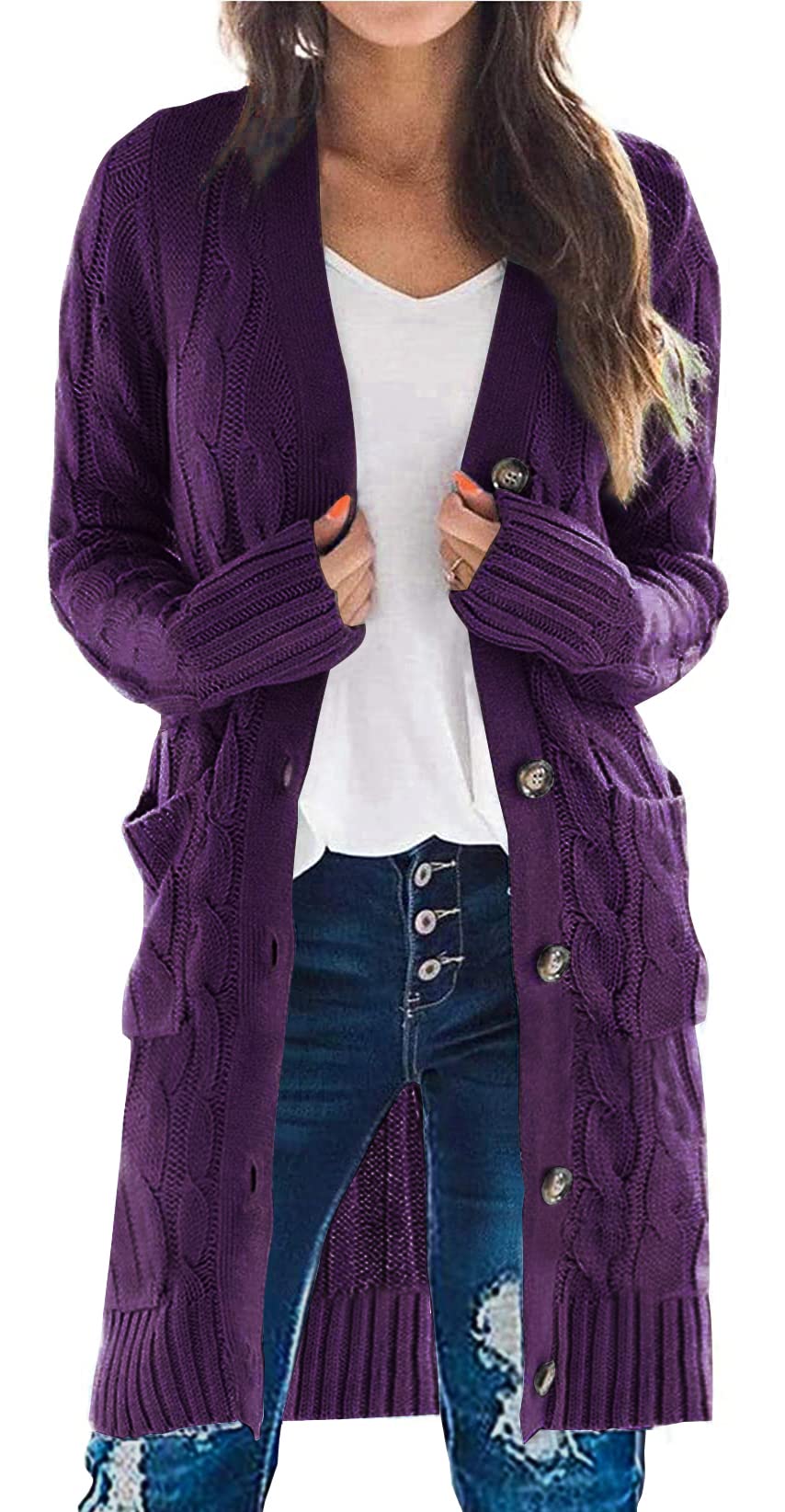 PRETTYGARDEN Long Sleeve Cable Knit Long Cardigan for Women 2025 Fall Winter Chunky Open Front Button Sweaters with Pockets (Deep Purple, X-Large)