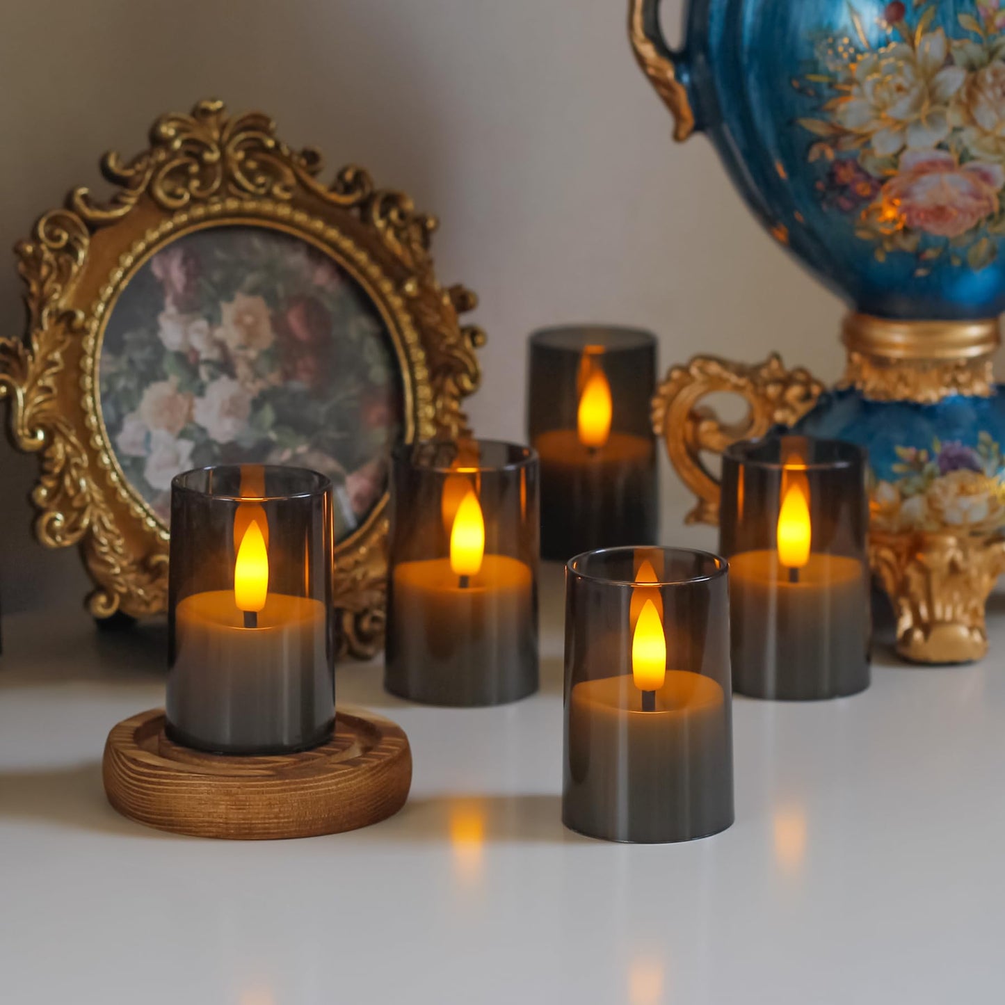 Wroxipel Rechargeable Acrylic Flameless Votive Candles with Timer & Remote Control, 1.7" x2.5" Flickering LED Warm Glow Tealight for Home, Wedding, Holiday Decor (Set of 6, Grey)