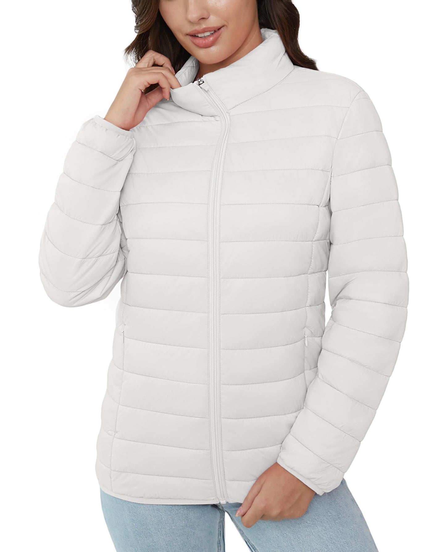 MAGCOMSEN Women's Puffer Jacket Ultra-lightweight Quilted 4 Pockets Full Zip Stand Collar Jackets Winter Warm Coat, White S