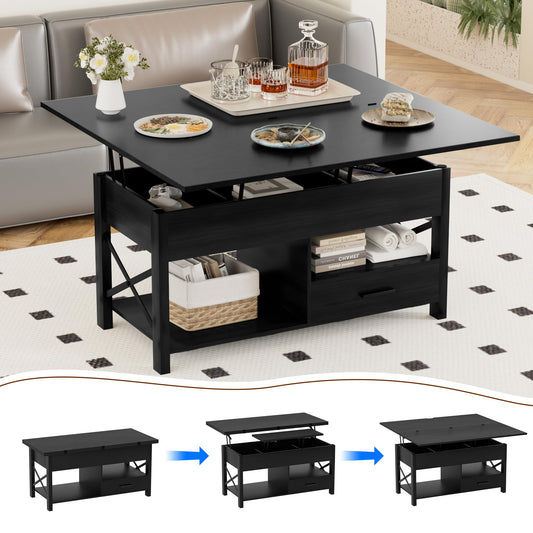Lift Top Coffee Table with Storage, Black Lift Top Coffee Table with Drawers&Hidden Compartment, Multi-Functional Center Table, Convertible Coffee Tables into Dining Table for Home Living Room Office