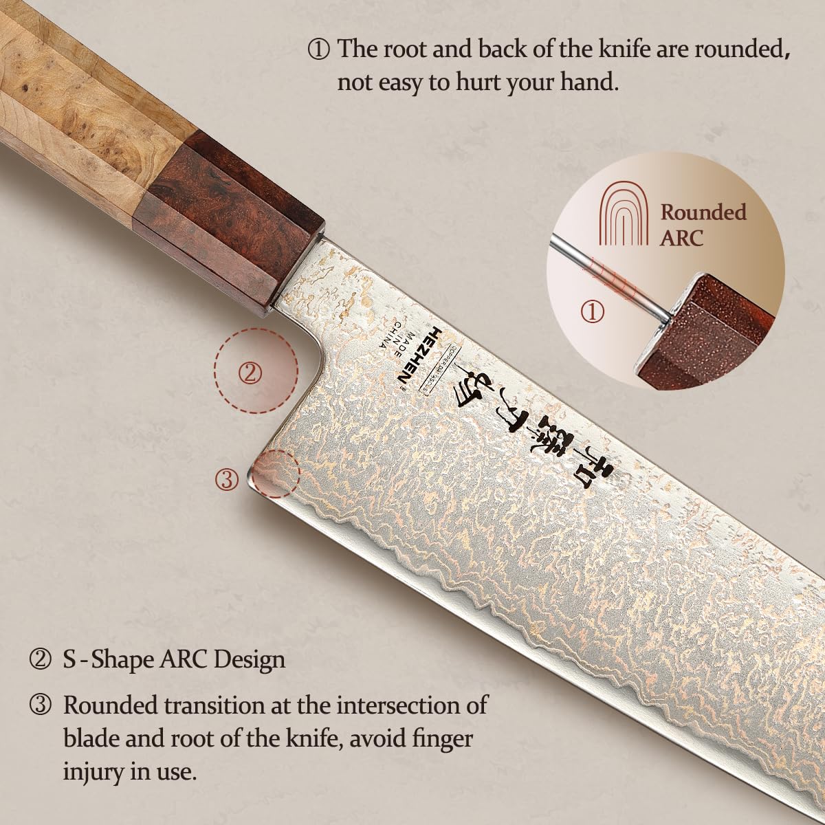 HEZHEN Kiritsuke Chef Knife,8.3 Inch, 37 Layers Tricolor Copper Damascus Steel-Japanese Damascus Knif- Professional Knife for Chefs&Home Cooking-Razor Sharp,Sycamore Wood Handle