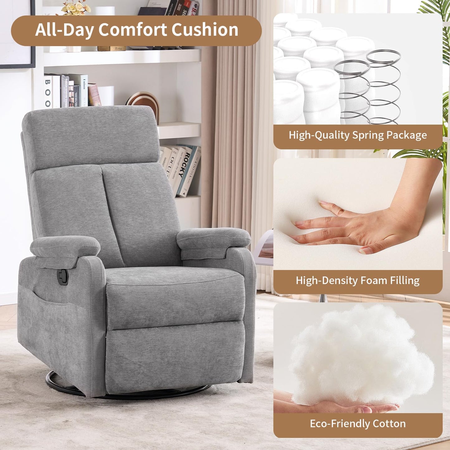 Zuacs Recliner Chair,Swivel Rocking Chair Nursery,Small Rocker Recliner for Small Spaces, Glider Recliner Nursery Chair for Adults with Side Pockets for Living Room, RV, Upholstered Fabric Grey