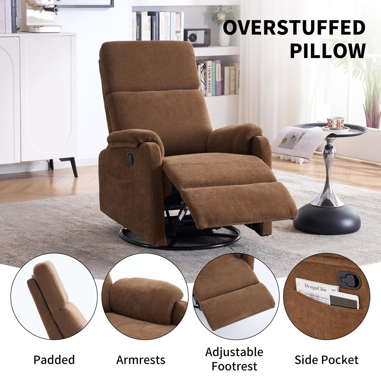 Recliner Chair, 360 Swivel Rocker Chair for Adults, Small Rocking Recliner Chair for Small Spaces, Upholstered Fabric Glider Recliner Nursery with Side Pockets for Living Room, Fabric Brown