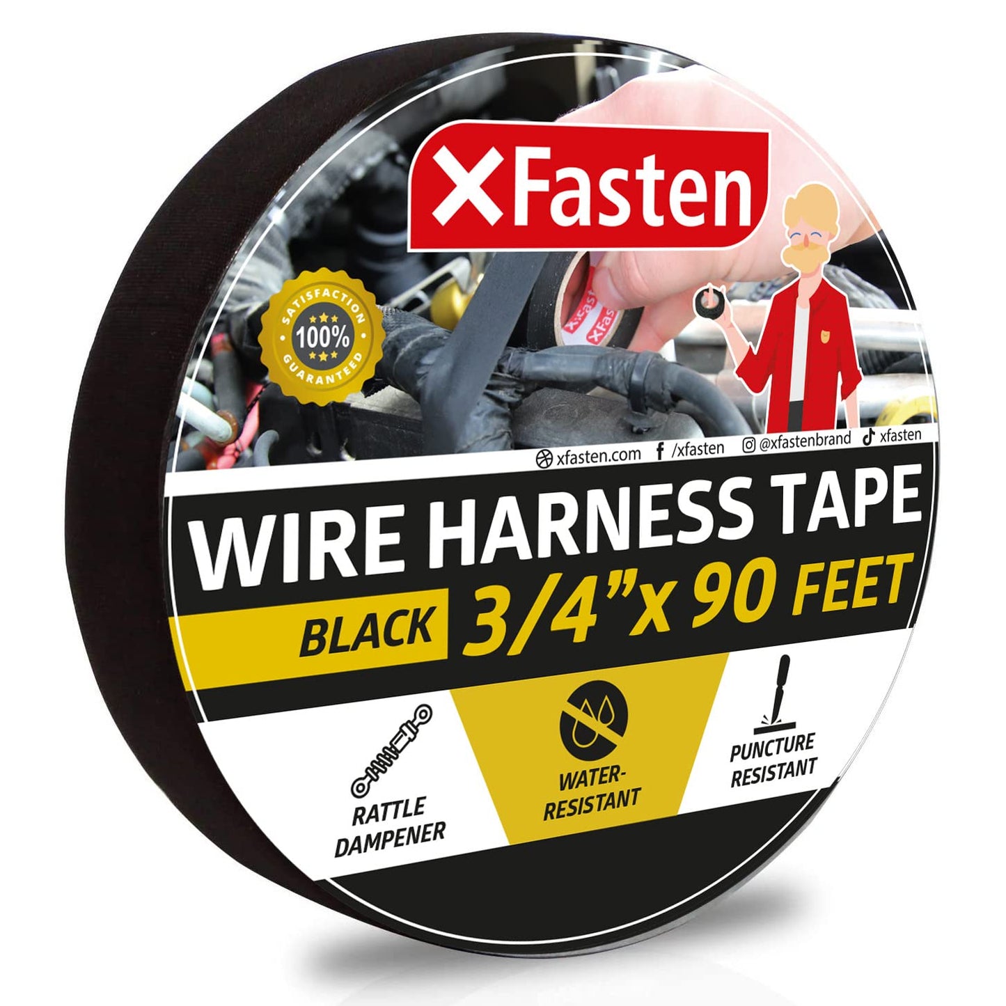 XFasten Wire Harness Tape, 3/4-Inch x 50-Foot (5-Pack), High Temp Wiring Loom Harness, Self-Adhesive Felt Cloth Electrical Tape for Automotive Engines, Noise Dampening, and Cable Protection