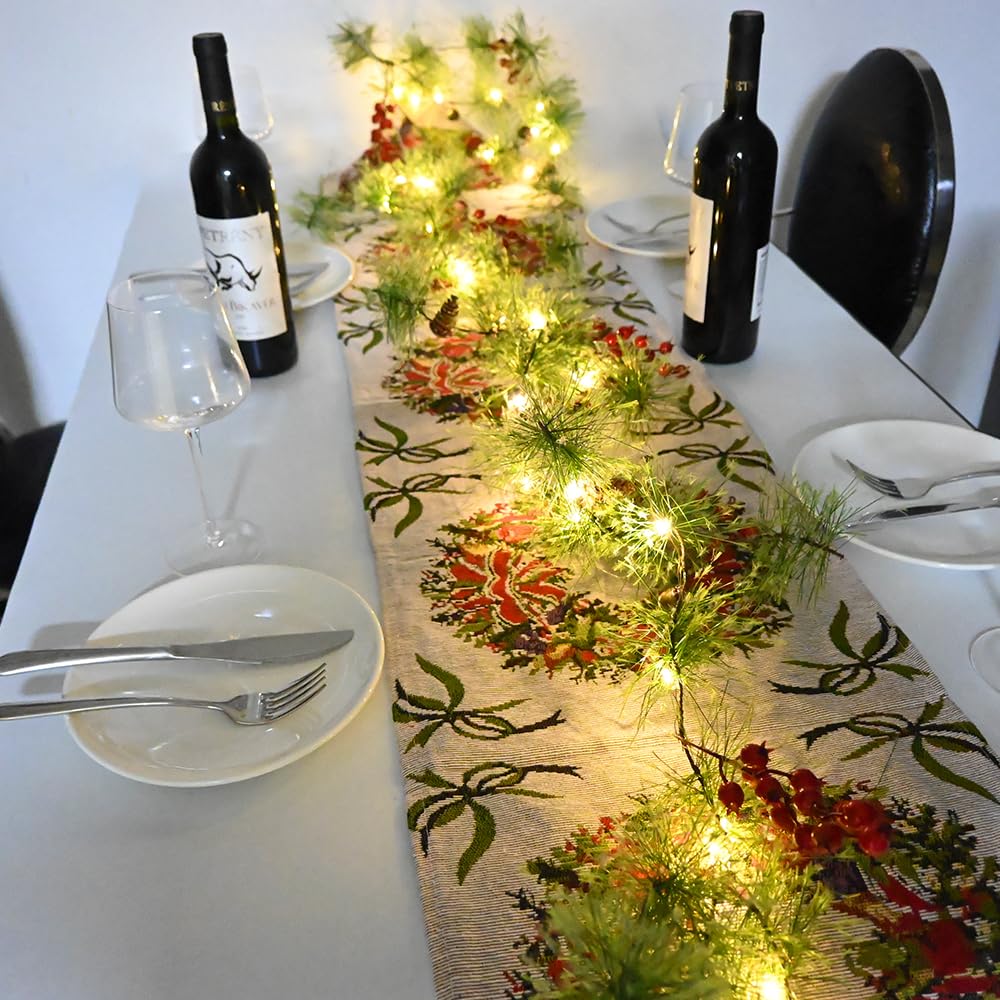 HamiFinee Christmas Garland with LED Fairy Lights Battery Operated Smokey Pine Garlands with 8 Flash Modes and Timer Red Berries Bells Pine Cones Green Garland Rustic Garlands for Xmas Holiday Home