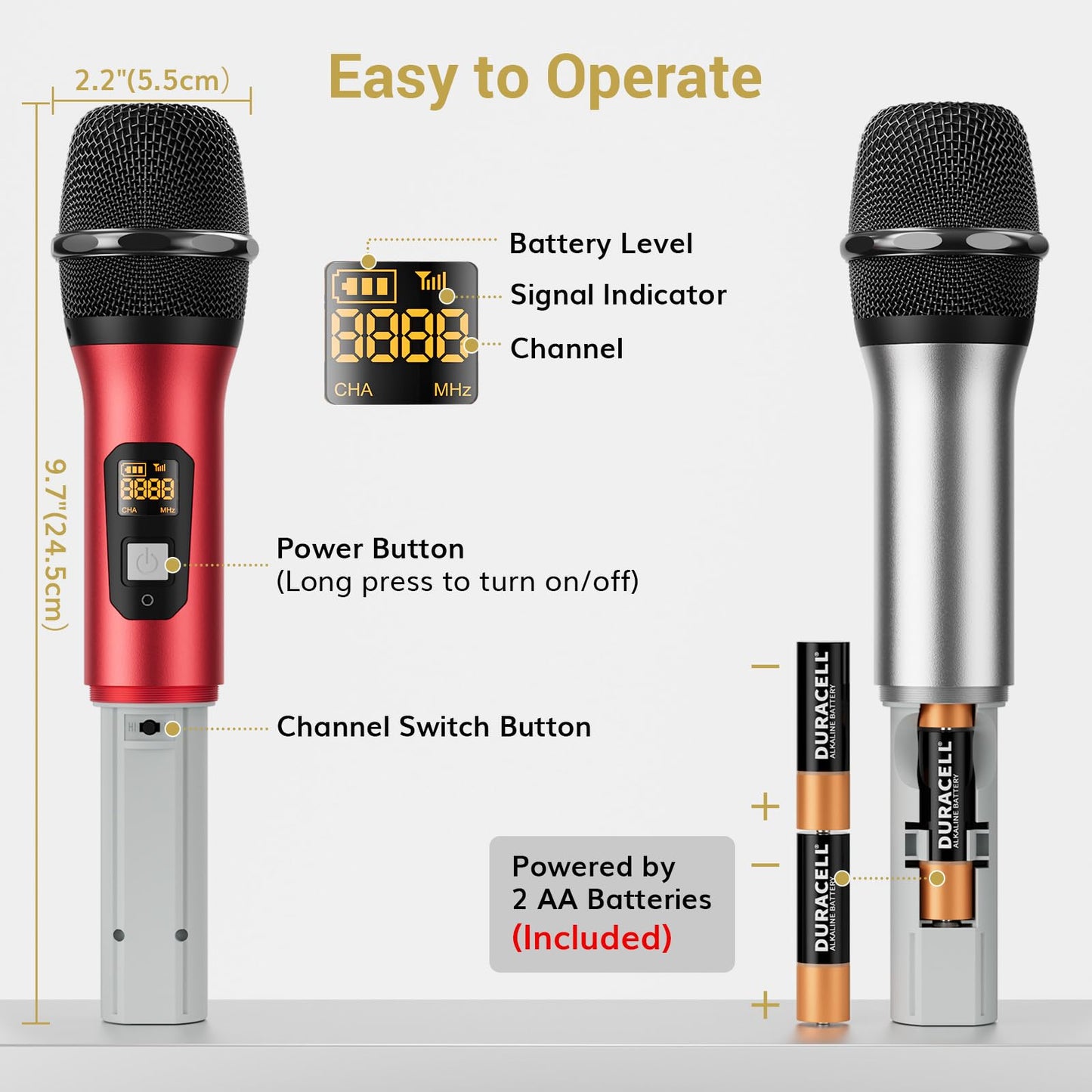TONOR Wireless Microphones System with 4x10 Channels Dynamic Handheld Mics 4 Antennas for 295FT Long Distance Mic with Adjustable Frequencies Auto Connect for Singing Party Church Karaoke, Silver&Red