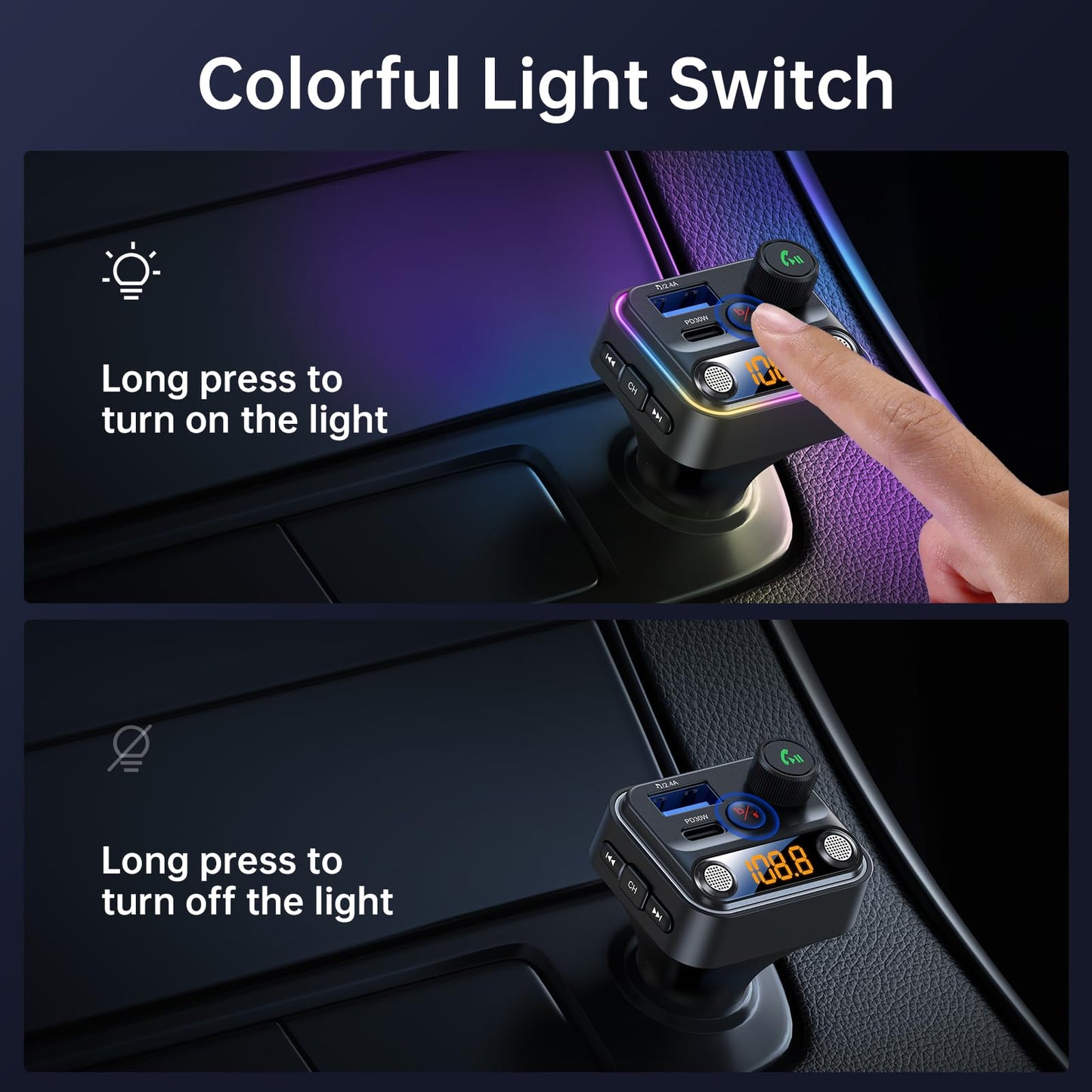 Syncwire Bluetooth 5.4 FM Transmitter Car Adapter 42W [Light Switch] [Stronger Dual-mic] [HiFi Bass Sound] [Fast Charging] Wireless FM Radio Stereo Music Adapter Hands-Free Calling Support USB Drive