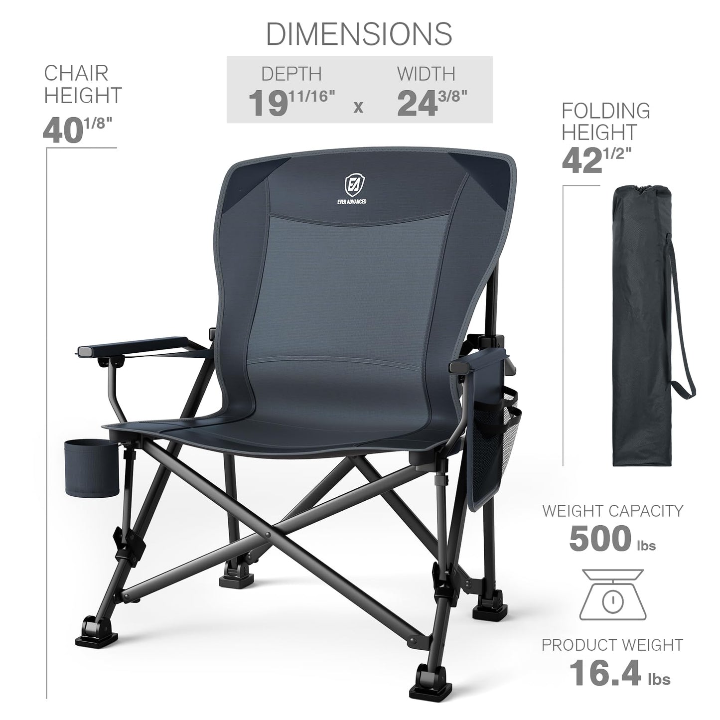 EVER ADVANCED Oversized Folding Camping Chair for Adults with Adjustable Lumbar Support, Heavy Duty Chair with Side Pockets, Portable Collapsible Quad Chair for Outside, Support Up to 500lbs,Grey