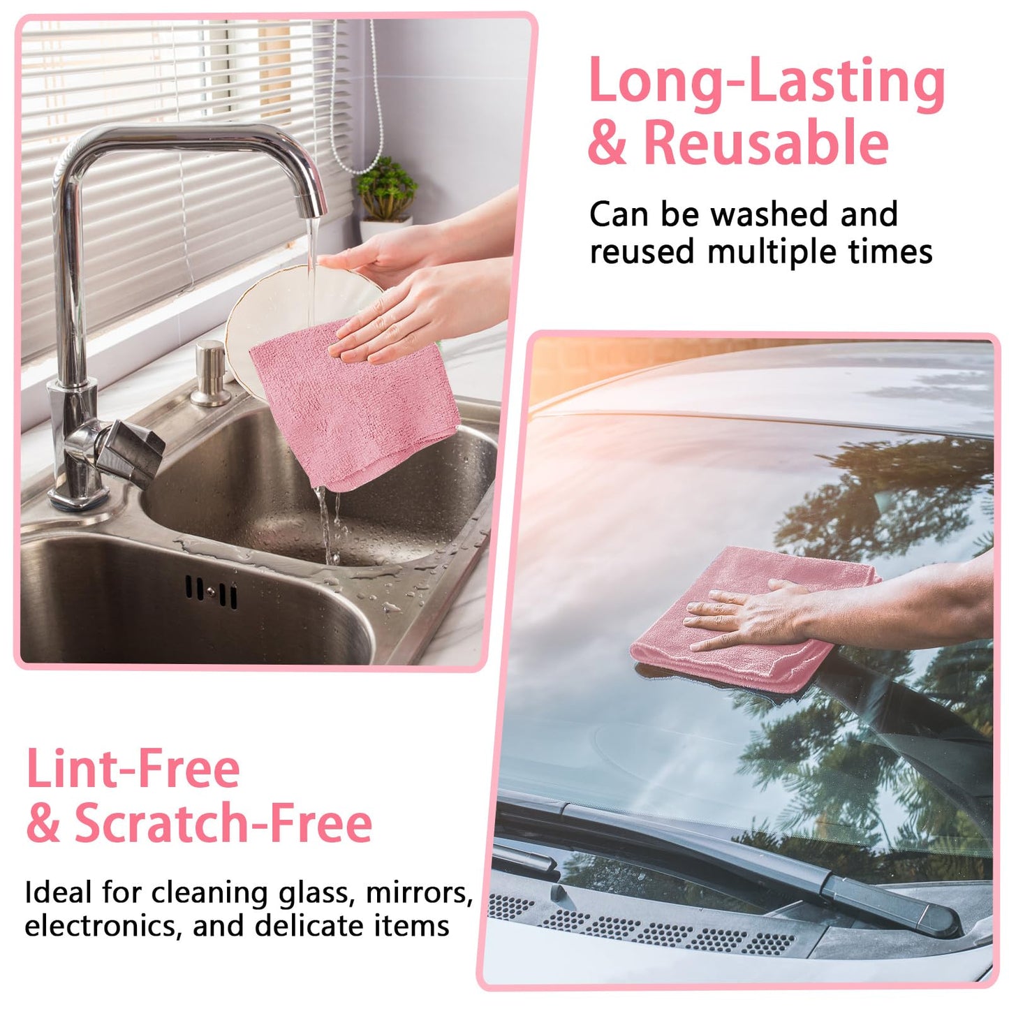 Microfiber Cleaning Cloth Roll,75 Pack Reusable Tear Away Microfiber Towels,Ultra Absorbent Dish Rags for Car,Home,Garage or Shop (Pink)