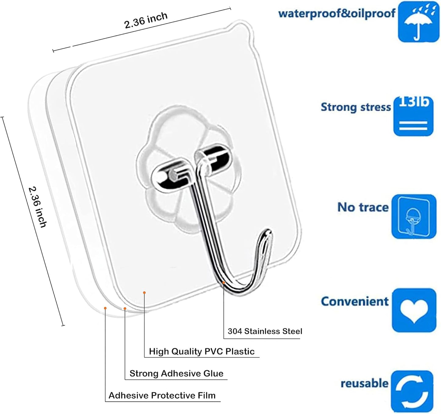 Adhesive Hooks Kitchen Wall Hooks - 24 Packs Heavy Duty 33lb(Max) Nail Free Transparent,Waterproof,Sticky Stainless Hangers for Keys,Bathroom, Shower, Outdoor, Kitchen,Door,Home Improvement,Utility