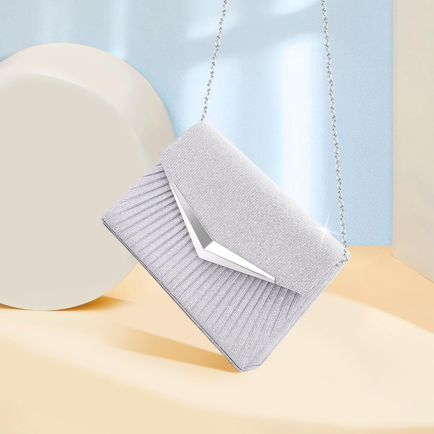 Larcenciel Women's Evening Handbags, Sparkly Pleated Silver Evening Purse with Metal Chain, Elegant Sequins Clutch Purses For Wedding Guest Formal Cocktail Prom Party Disco Club, 8.3x2.1x5.3inches