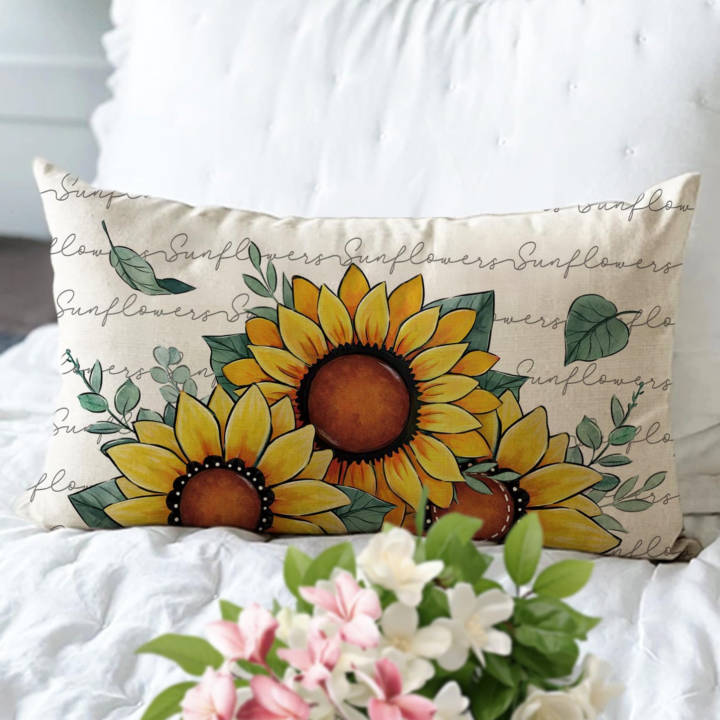 Fjfz Spring Summer Sunflower Lumbar Decorative Throw Pillow Cover 12 x 20, Rectangular Floral Flower Eucalyptus Leaves Outdoor Home Decor, Fall Autumn Seasonal Couch Cushion Case