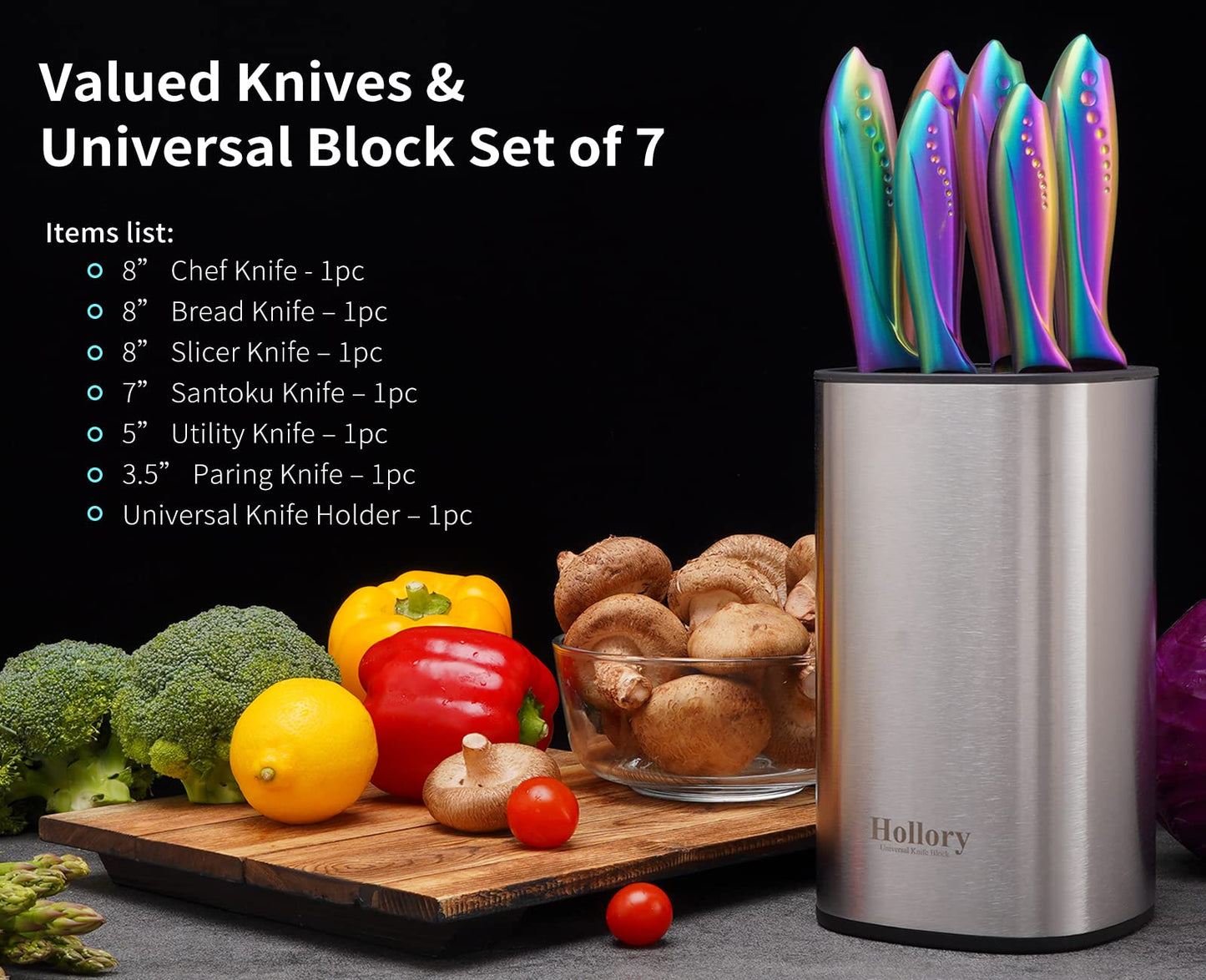 Rainbow Knives Block Set 7 Pieces, Iridescent German High Carbon Stainless Steel Kitchen Knives Pack with Universal Knife Holder