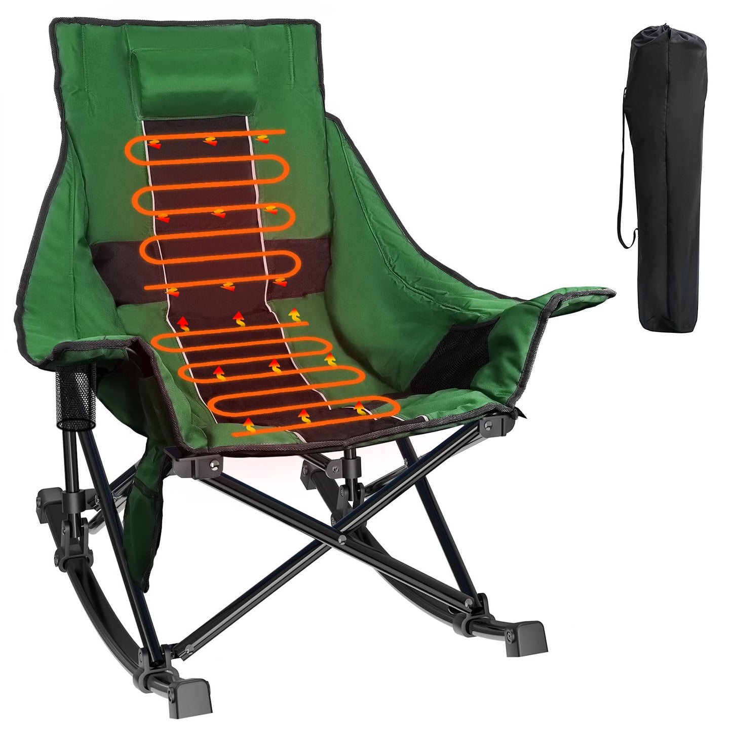 Slendor Oversized Rocking Camping Chair, Heated Camping Chair with 3 Heat Levels, Portable Outdoor Rocker Chair, High Back, Pillow, Carry Bag, Padded, Supports 330 lbs, Green