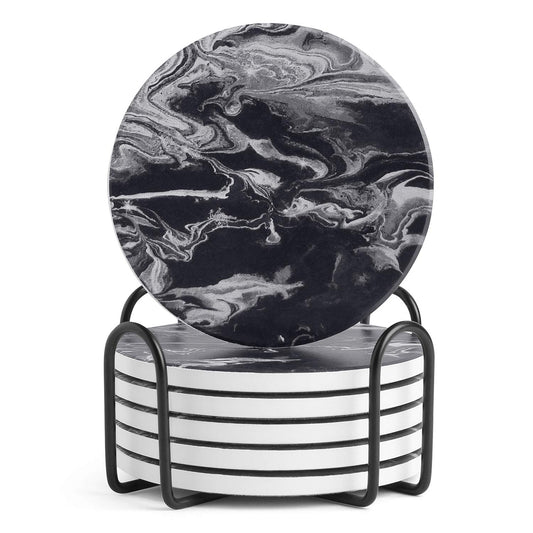 LIFVER Coasters Set of 6 Absorbent Drink Coasters with Holder, Black Marble Style Ceramic Stone Coasters for Home Decor Coffee Table Protection, 4 Inches Suitable for Kinds of Cups Housewarming Gift