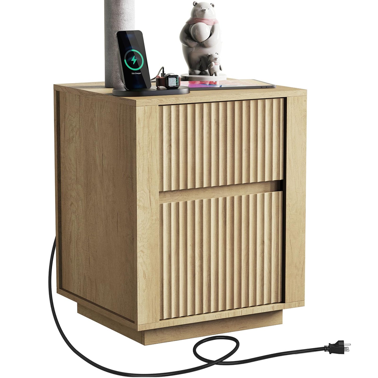 Modern Nightstand with USB Charging Ports, Wavy Bedside Table for Bedroom, Wood End Table Storage Cabinet for Living Room Sofa Office (Double Drawer)