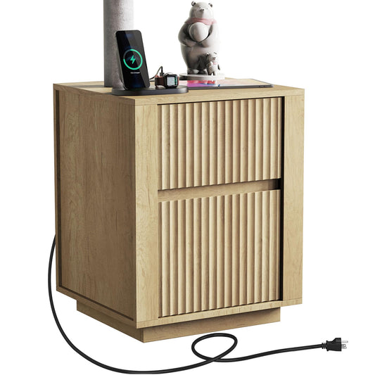 Modern Nightstand with USB Charging Ports, Wavy Bedside Table for Bedroom, Wood End Table Storage Cabinet for Living Room Sofa Office (Double Drawer)