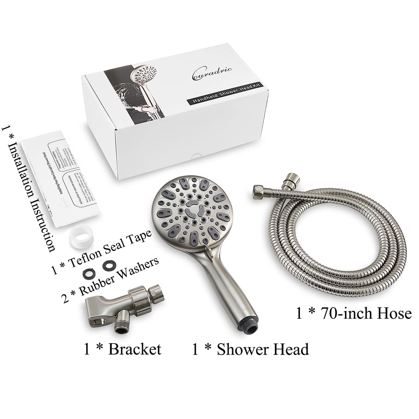 Couradric Handheld Shower Head, 6 Spray Setting High Pressure Shower Head with Brass Swivel Ball Bracket and Extra Long Stainless Steel Hose, Brushed Nickel, 5"