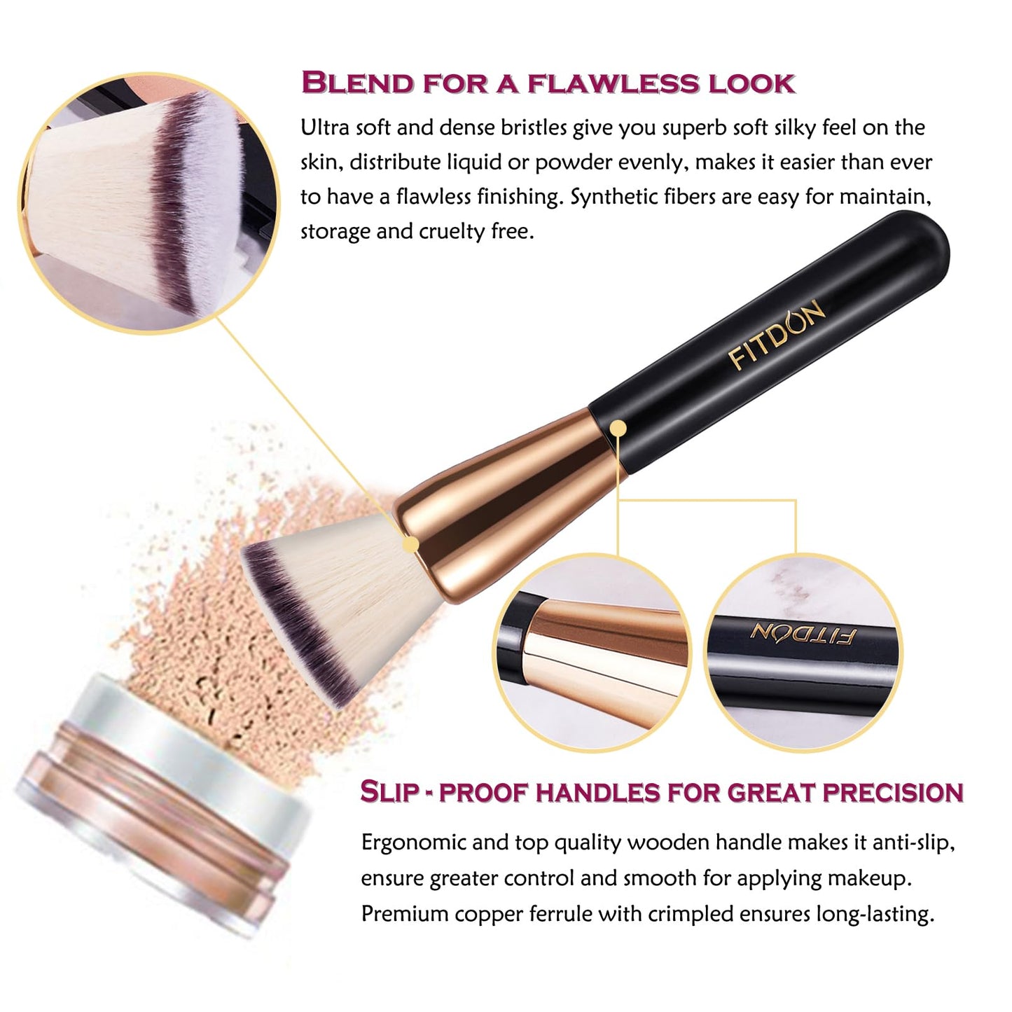 FITDON Foundation Brush and Powder Brush, 2PCS Professional Flat Top Kabuki Makeup Brush Bronzer Blush Brushes for Liquid, Cream and Powder