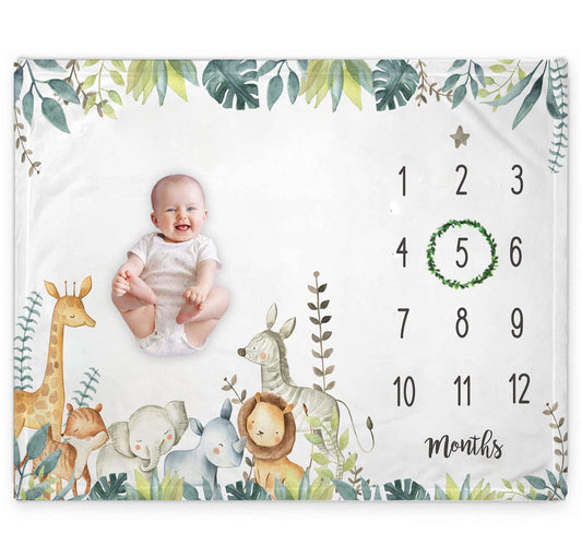 Popfavors, Yuzioey Safari Baby Monthly Milestone Blanket - Jungle Animals Growth Chart for Nursery Decor - White, 50Inx40In - Includes Marker
