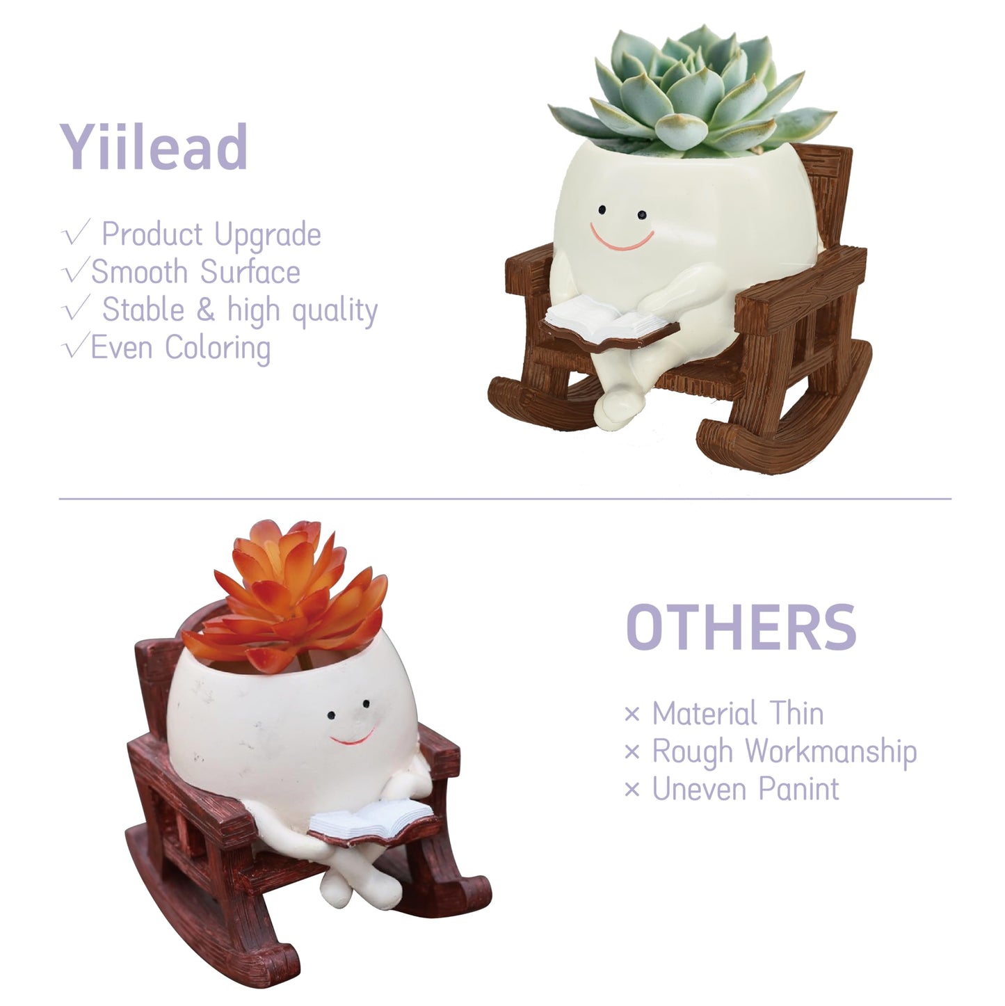 Smiley Face Planter Pot, Cute Plant Pots for Indoor Outdoor, Unique Reading Rocking Chair Plant Pot for Succulents Plants Live with Drainage Hole, Gift Idea for Mother Day and Christmas