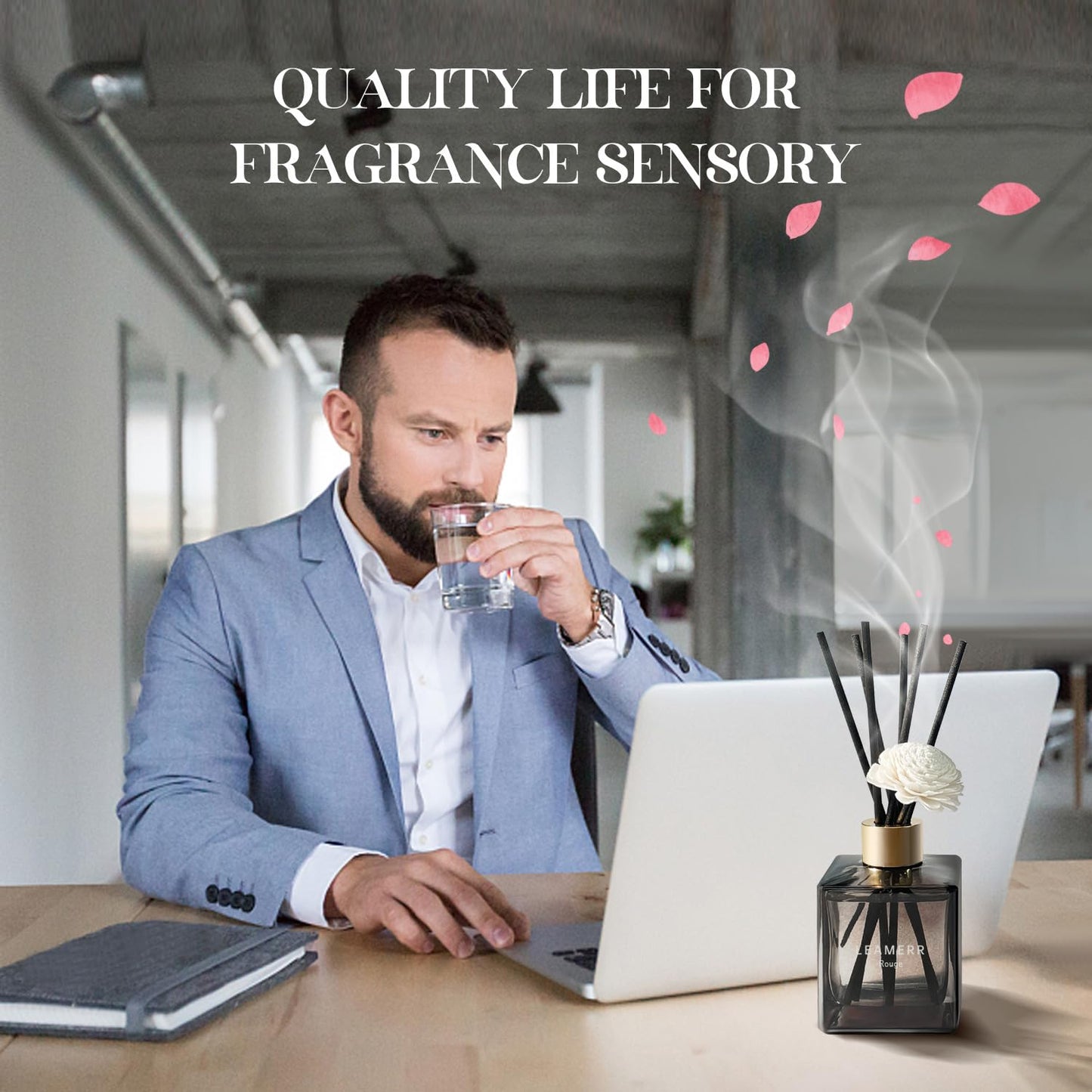 LEAMERR Reed Diffuser Set, 6.1 oz (180 ml) Rouge Scented Diffuser with Sticks Long-Lasting Home Fragrance Reed Diffuser for Home Room Office Bathroom Shelf Decor