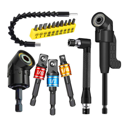 17Pcs Flexible Drill Bit Extension, Include 3Pcs Rotatable Socket Adapter 2Pcs Hex Shank 105° Right Angle Drill Attachment 10 Short Screwdriver Bits 90° Angled Bits and Bendable Extension