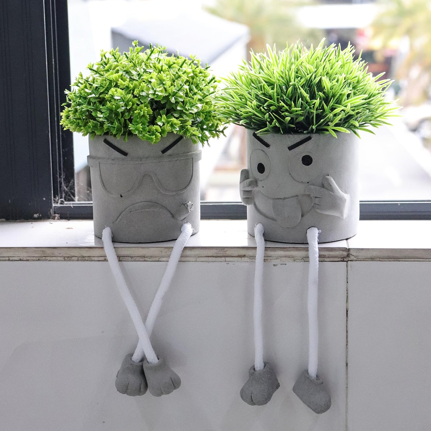 MAKHOT 2 Pack Cute Artificial Succulent Plants with Gray Flower Pots, Fake Plants Succulent Window Sill Decor for Gift Choice, Mini Potted Succulents for Desk Shelf Bathroom Decoration
