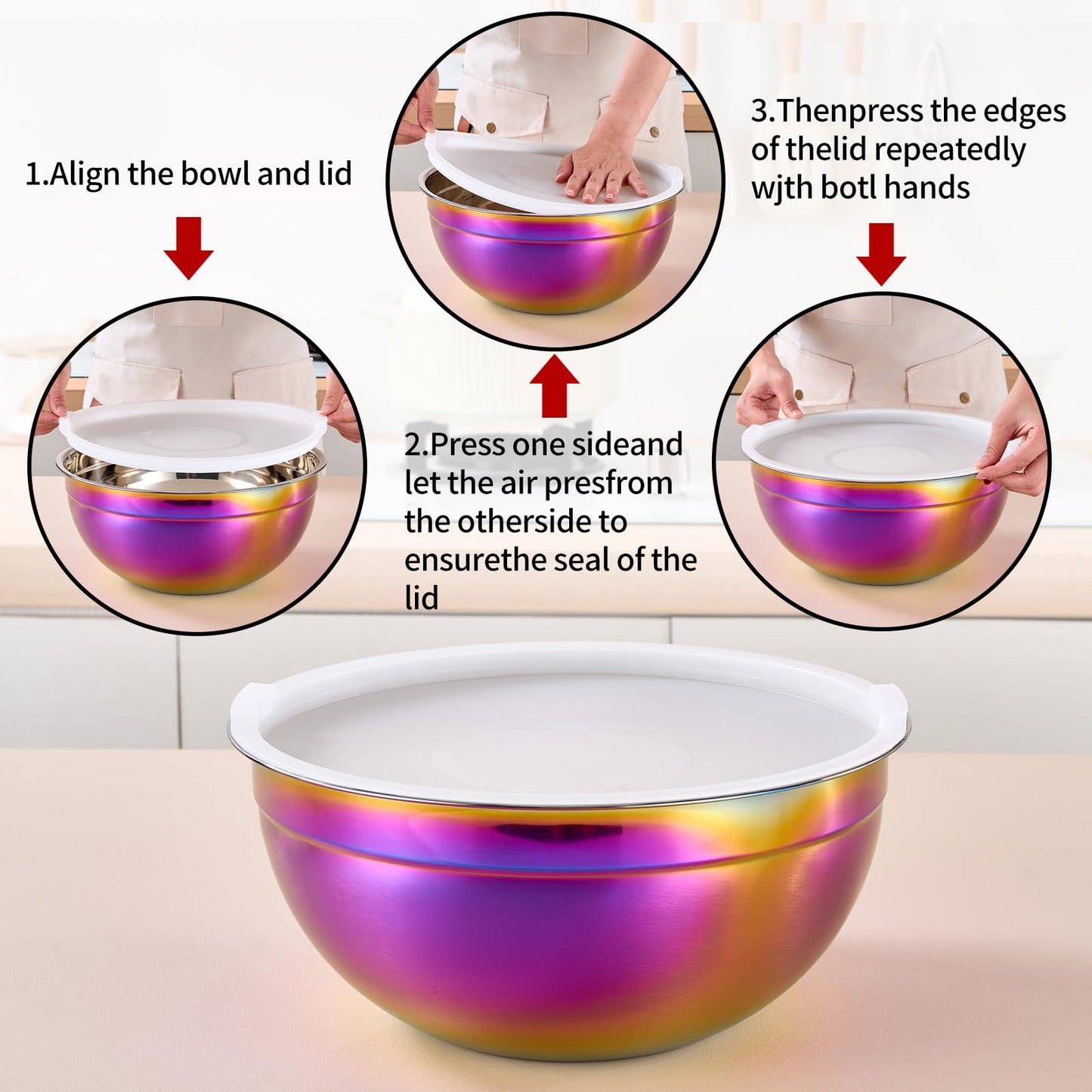 LKTDYMEG Rainbow Mixing Bowls with Lids Set of 7, Stainless Steel Nesting Bowl with Khaki Lid for Non-slip Mixing Prepping Storing Serving, 7 Sizes-7/3.6/2.7/2.1/1.5/1/0.8 QT