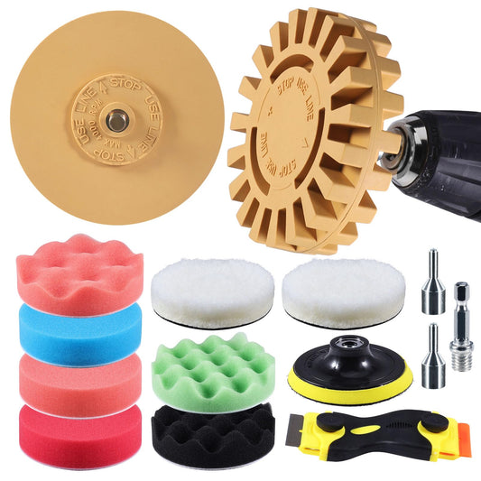 Eraser Wheel, VONDERSO Decal Remover, Adhesive Remover, 13PC Rubber Pin Stripe Removal Tool Kit for Drill for Automotive Car Sticker, Vinyl, Rv, with Polishing Pads, Wool Buffing Pad and Razor Blades