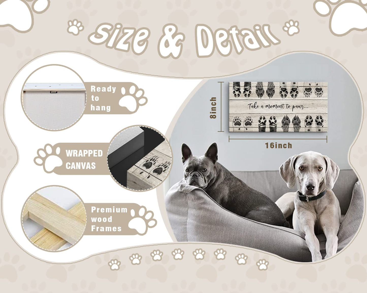 ARTINME Dog Lover Sign Wall Decor,Take A Moment to Paws Sign Pet Paw Print Artwork Footprints Canvas Wall Art,Framed Animal Prints Puppy Gifts for Front Door Home Decoration (Black)