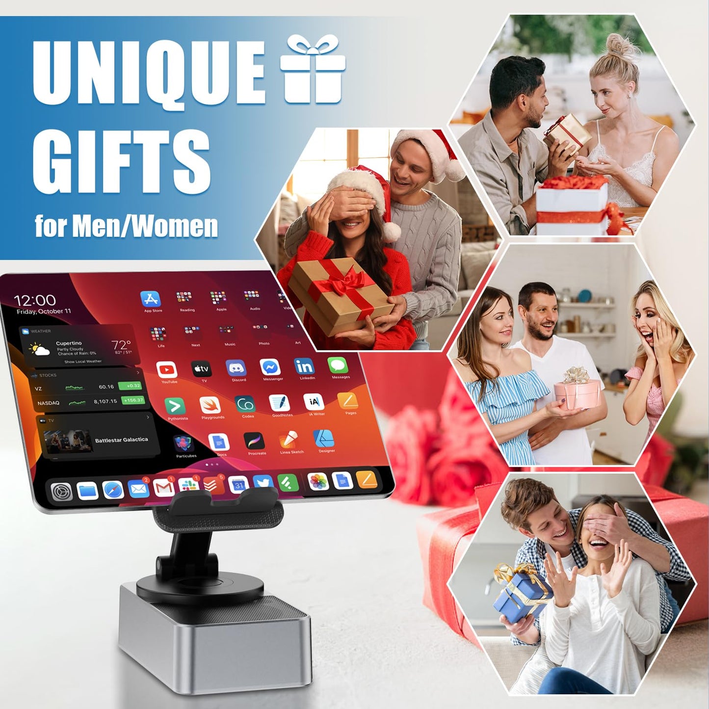 HCRTGAY Induction Speaker, Cell Phone Stand with Wireless Bluetooth Speaker, HD Surround Sound & Led Color Changing Light, Gifts for Men, Compatible with iPhone/Android (Gray-01)