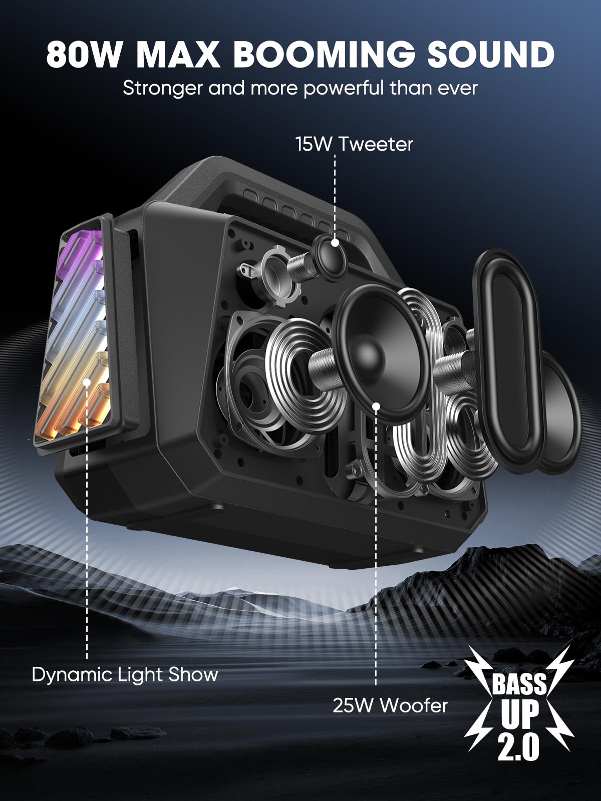 TPWIN Bluetooth Speaker Wireless - Portable Loud Speakers 80W Peak, 20H Playtime, Light Show, TWS, Deep Bass, BT 5.3, IPX6 Waterproof for Outdoor Travel Camping Beach Pool - Black