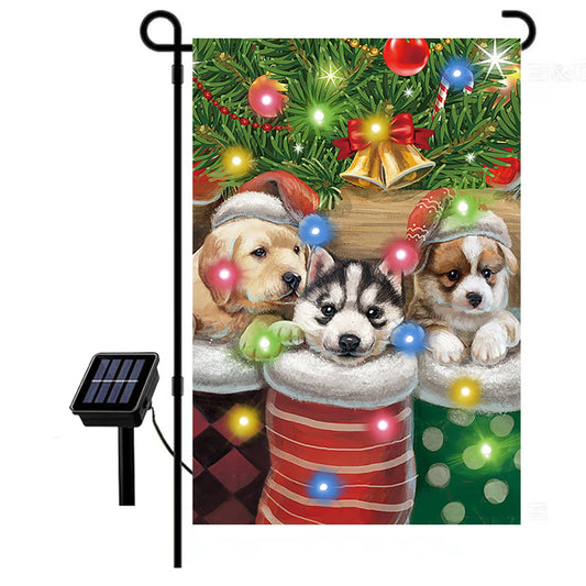 Merry Christmas Cute Cat Kitty doggy Garden Flag Decor, Winter Yard Flag Outdoor with Led String Lights, 12x18 Double-Sided House Flags for Farmhouse Outdoor Decoration