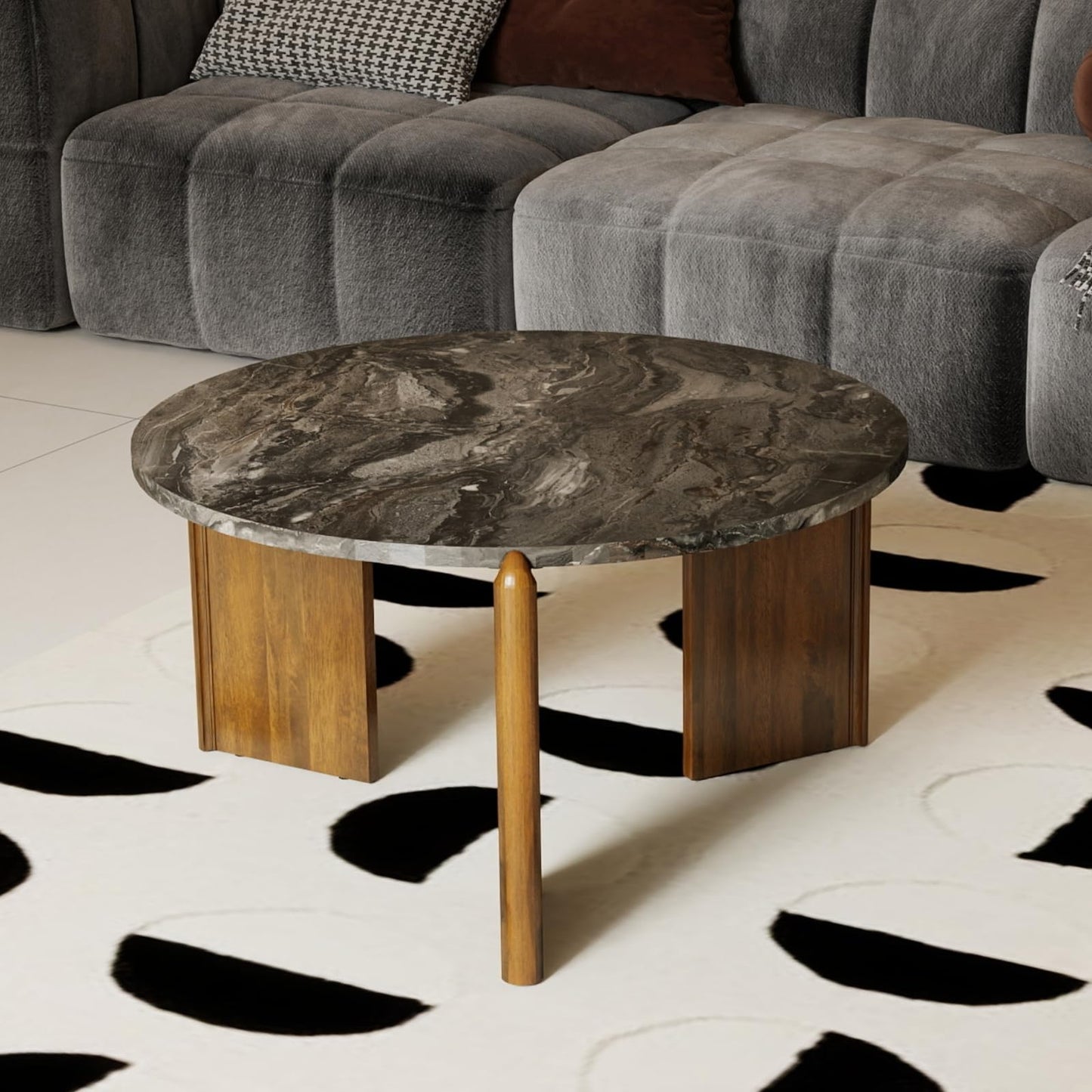 DUOMAY Modern Faux Marble Round Coffee Table, 32'' Grey Circle Coffee Table Center Cocktail Table for Living Room Apartment, Farmhouse Side Table for Family Office