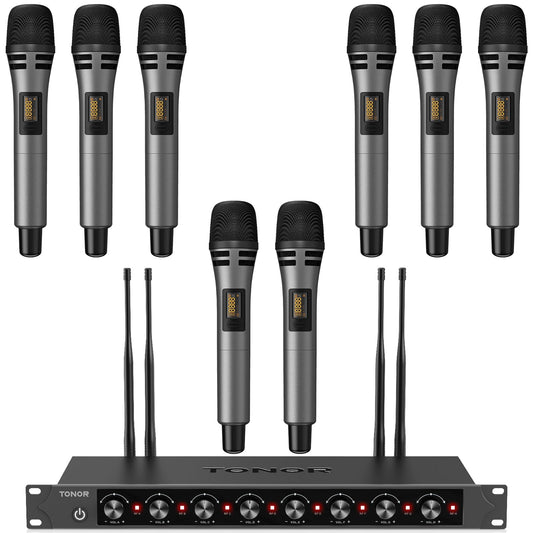 TONOR Wireless Microphones System with 8x12 Channels Cordless Handheld Microfono Inalambrico, 295FT UHF Range, Mics with Stable Signal, Quick Mute for Karaoke Singing Party Church Wedding PA Speaker