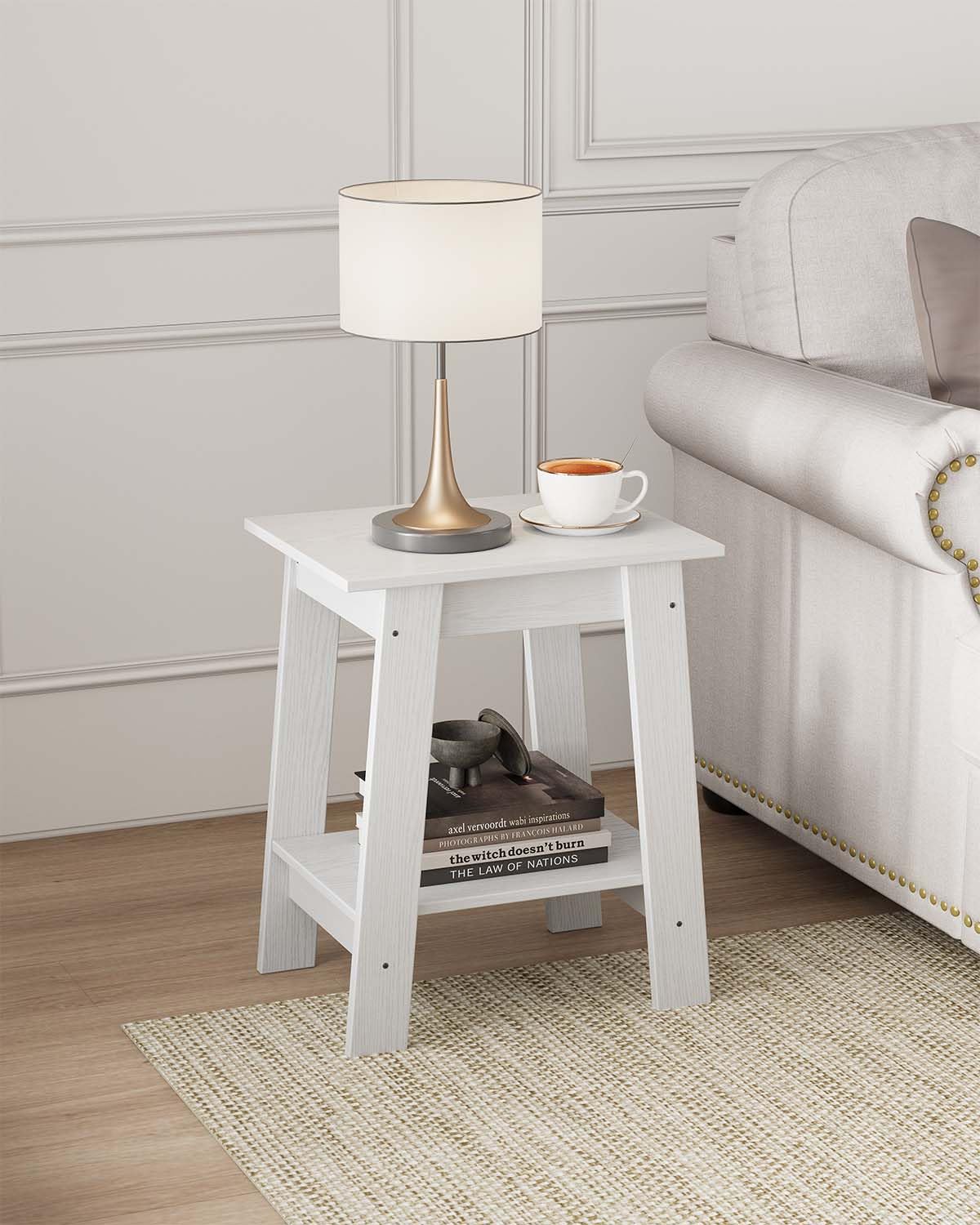 GarveeHome Side Table, Rustic Farmhouse End Table with 2 Tier Storage Shelf, Narrow Night Stand, Small Center Table, Accent Table, Minimalist End Table for Living Room, Bedroom, White