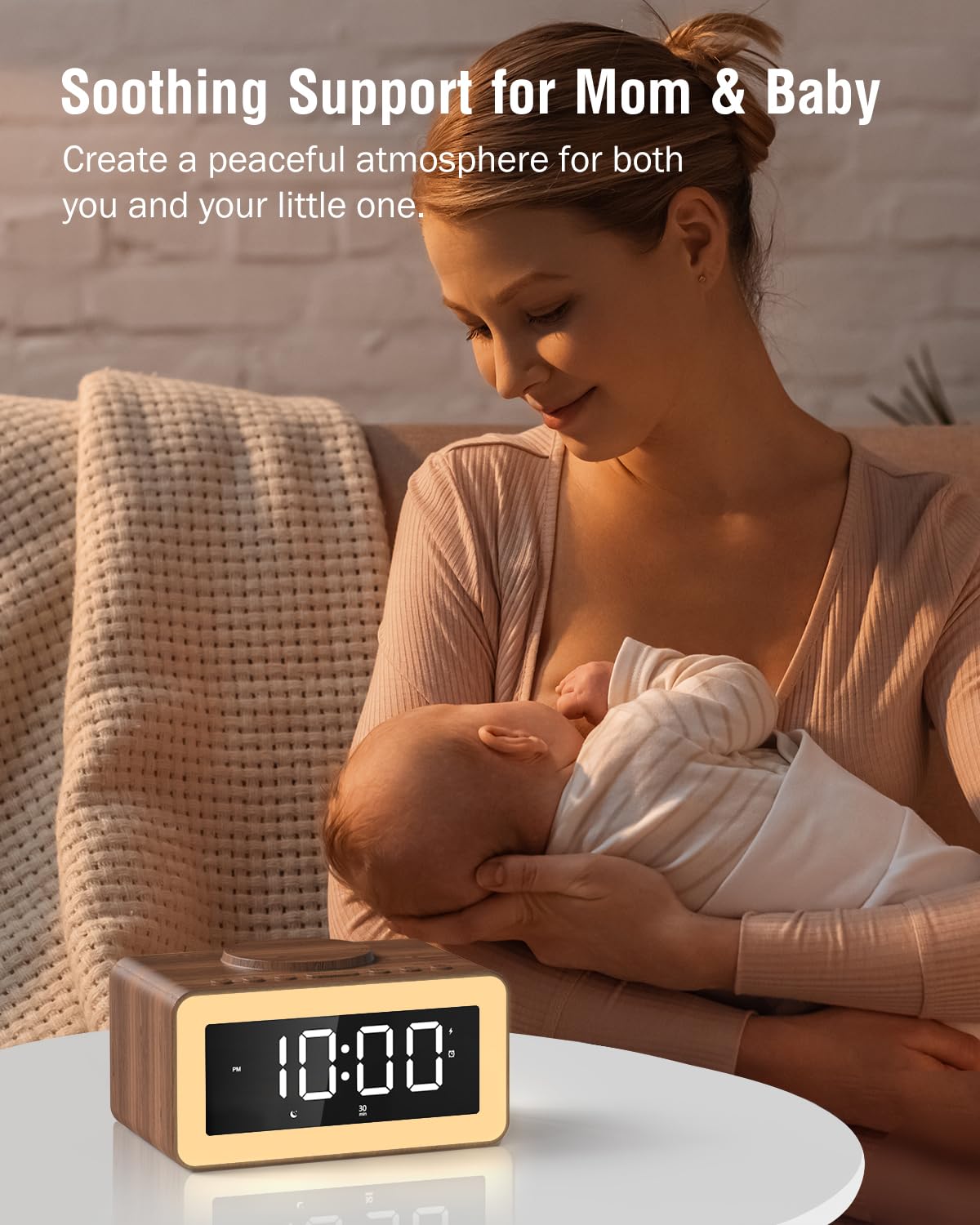 Alarm Clock with Wireless Charging, White/Brown Noise Sound Machine, Bluetooth Speaker Night Light, Wooden Digital Alarm Clocks for Bedrooms,Wireless Charger for iPhone, Birthday Gifts for Men Women