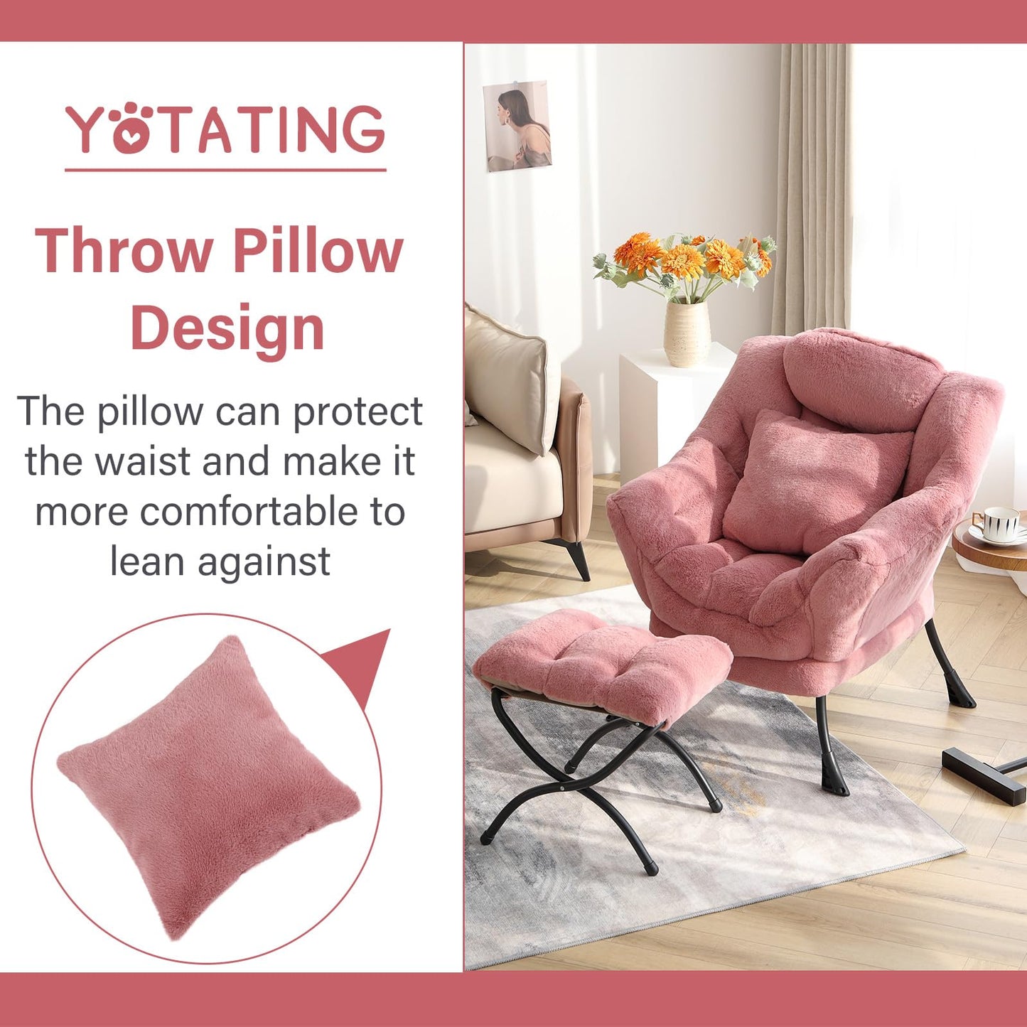 YOTATING Lazy Chair with Ottoman, Comfy Reading Lounge Chair with Footstool & Throw Pillow Modern with Armrests & Side Pocket for Living Room, Bedroom, Dorm Room, Plush Dark Pink