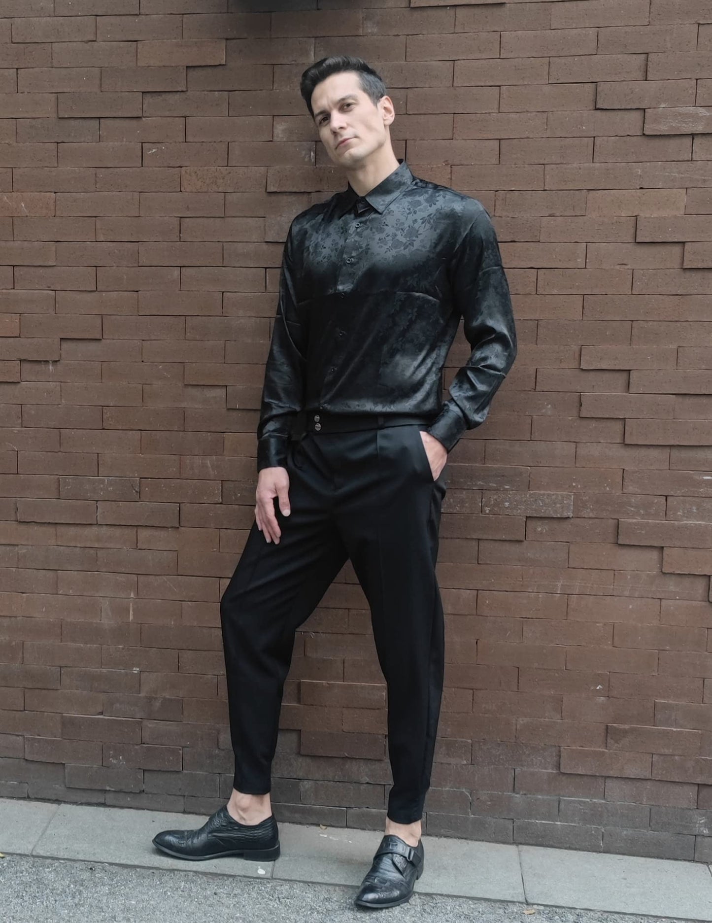 COOFANDY Mens Floral Rose Printed Long Sleeve Dress Shirts Prom Wedding Party Button Down Shirts,Black XX-Large