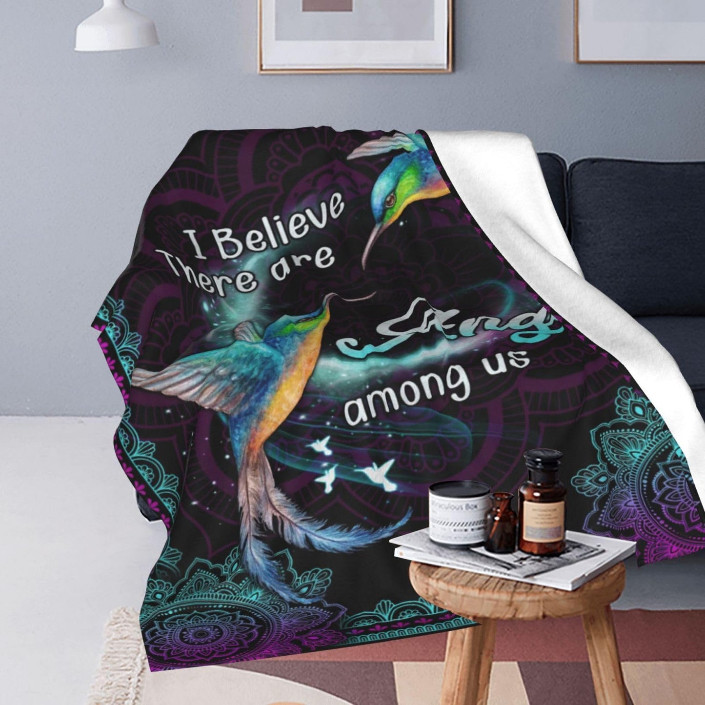 Hummingbird Blanket Heaven Hummingbird Throw Blanket I Believe Inspirational Blanket Gifts for Girls Boys Winter Bedding Super Warm Soft Plush Fleece Flannel Blanket for Kids Adults Men Women 50"X40"