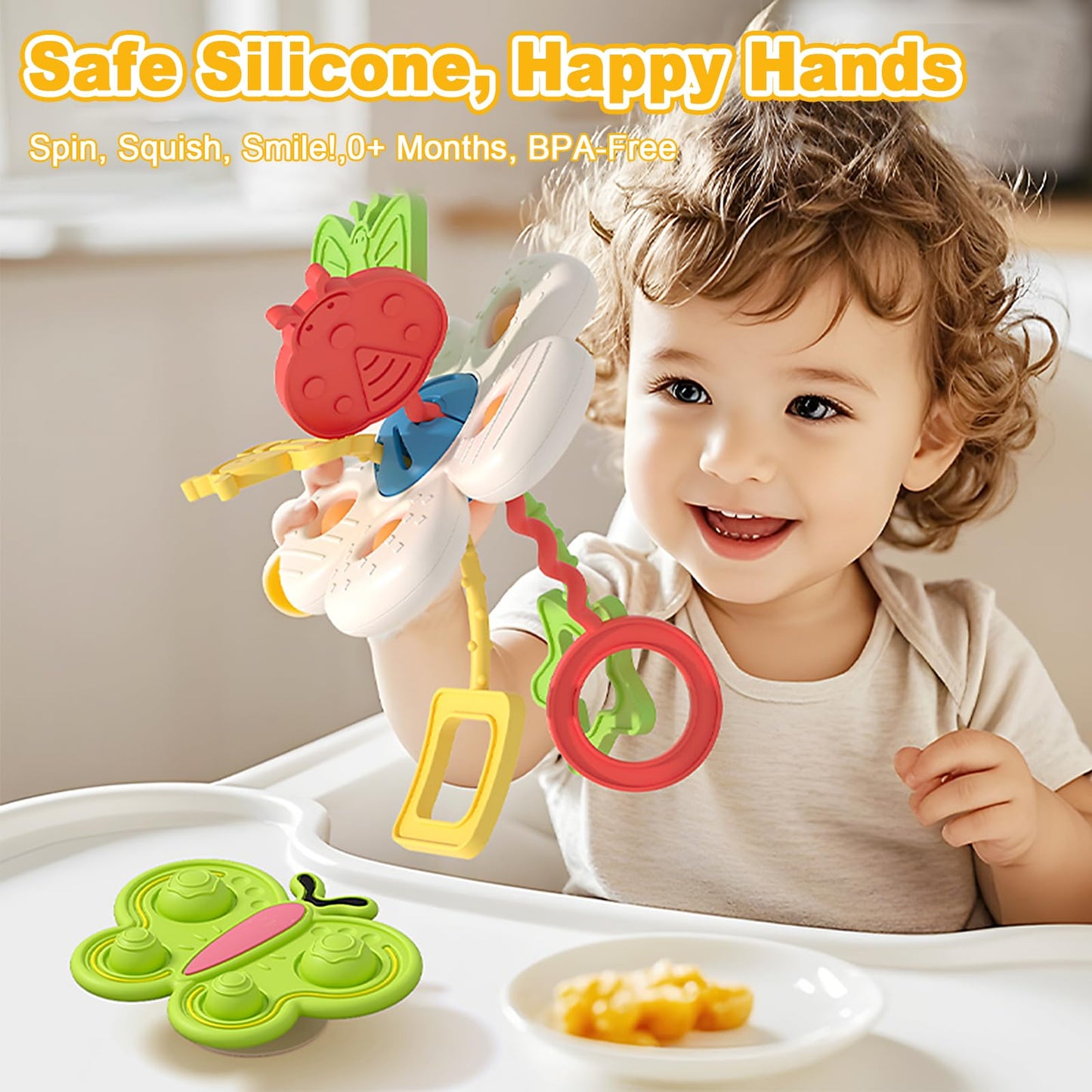 GeeKiPrime Montessori Toys Set for Baby 3 6 12 18 Months, 2-in-1 Silicone Pull String & 3 Insect Spinner Sensory Toy, Teething & Fine Motor Skills Development, Toddler Gift for Boys & Girls 1 2 Year