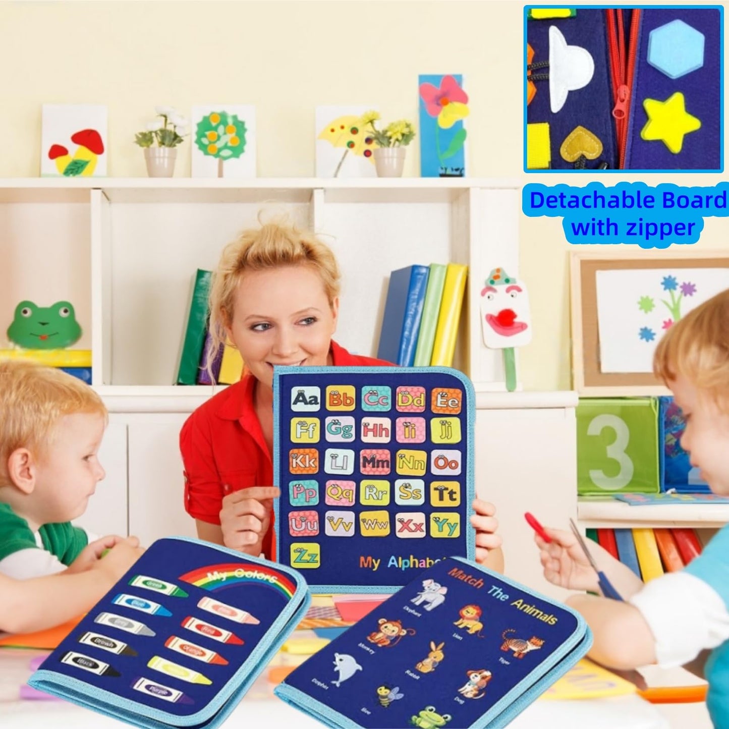 GLOBEFLY Toddler Busy Board Montessori Toys, Busy Book for Toddlers 1-3, Sensory Board Educational Activities for Learning Fine Motor Skills, Airplane Car Travel Toys Gifts for Girls Boys, Blue-5page