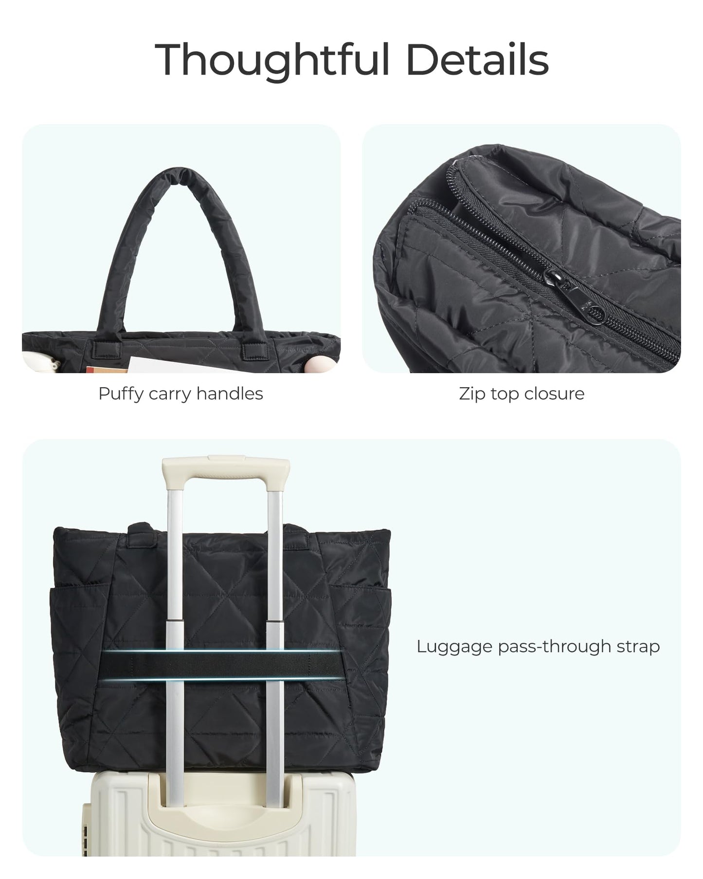 BAGSMART Tote Bag for Women, Puffy Tote Bag with Zipper, Large Quilted Shoulder Bag with Compartments for Travel, Work, Gym (Black)