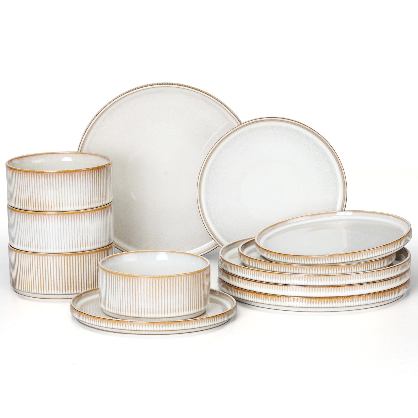 E-far 12-Piece Plates and Bowls Sets, Stoneware Dinnerware Dishes Sets for 4, Kitchen Modern Dining Dishware, Chip & Scratch Resistant, Microwave & Dishwasher Safe, Creamy Beige