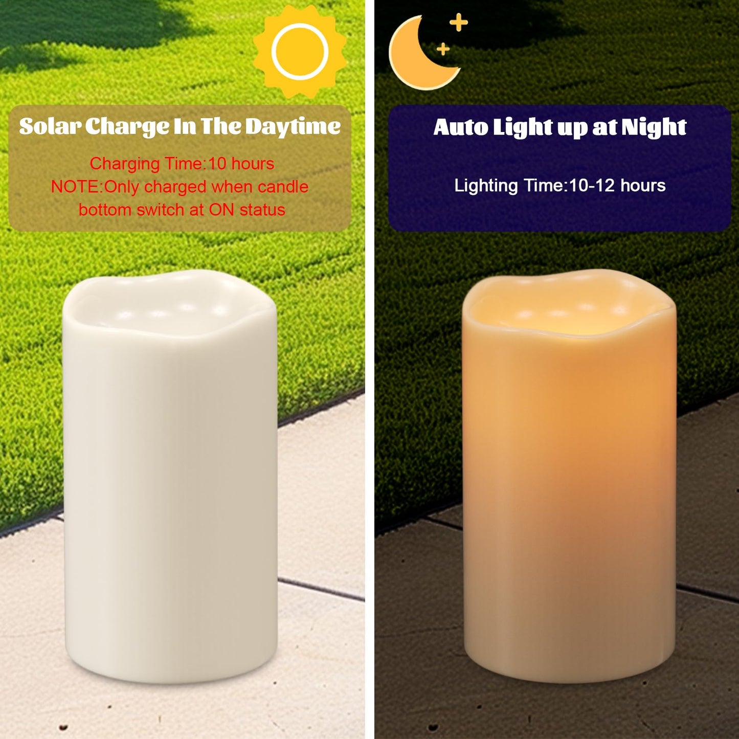 DRomance Solar Flameless Pillar Candles Outdoor Waterproof Dusk to Dawn Solar Rechargeable Battery LED Flickering Fake Candles White Plastic Patio Porch Garden Lantern Decor(2 Pack, 3" D x 5" H)